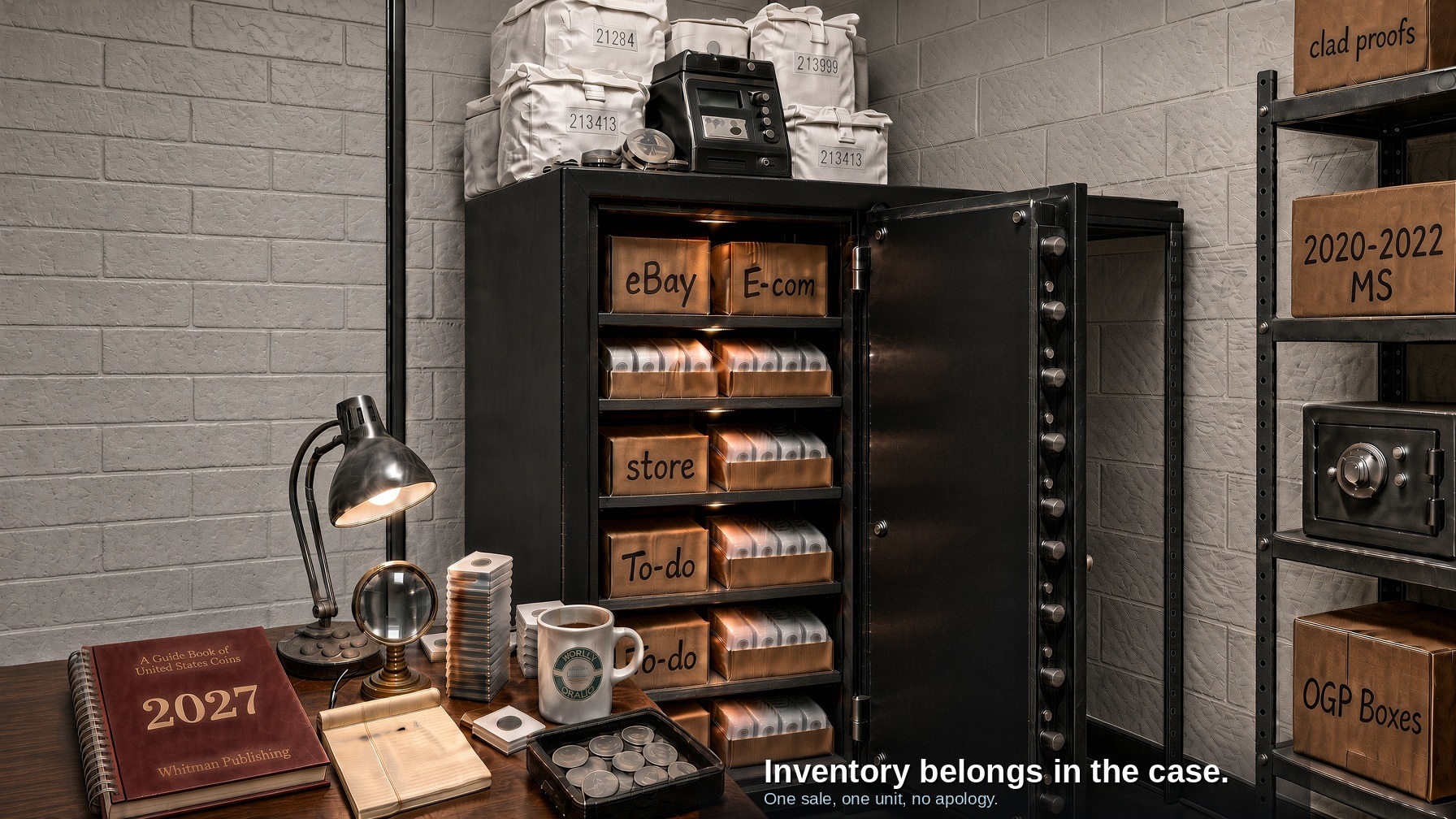 Open six-foot shop safe packed with boxes marked eBay, E-com, and To-do — inventory hidden from the walk-in