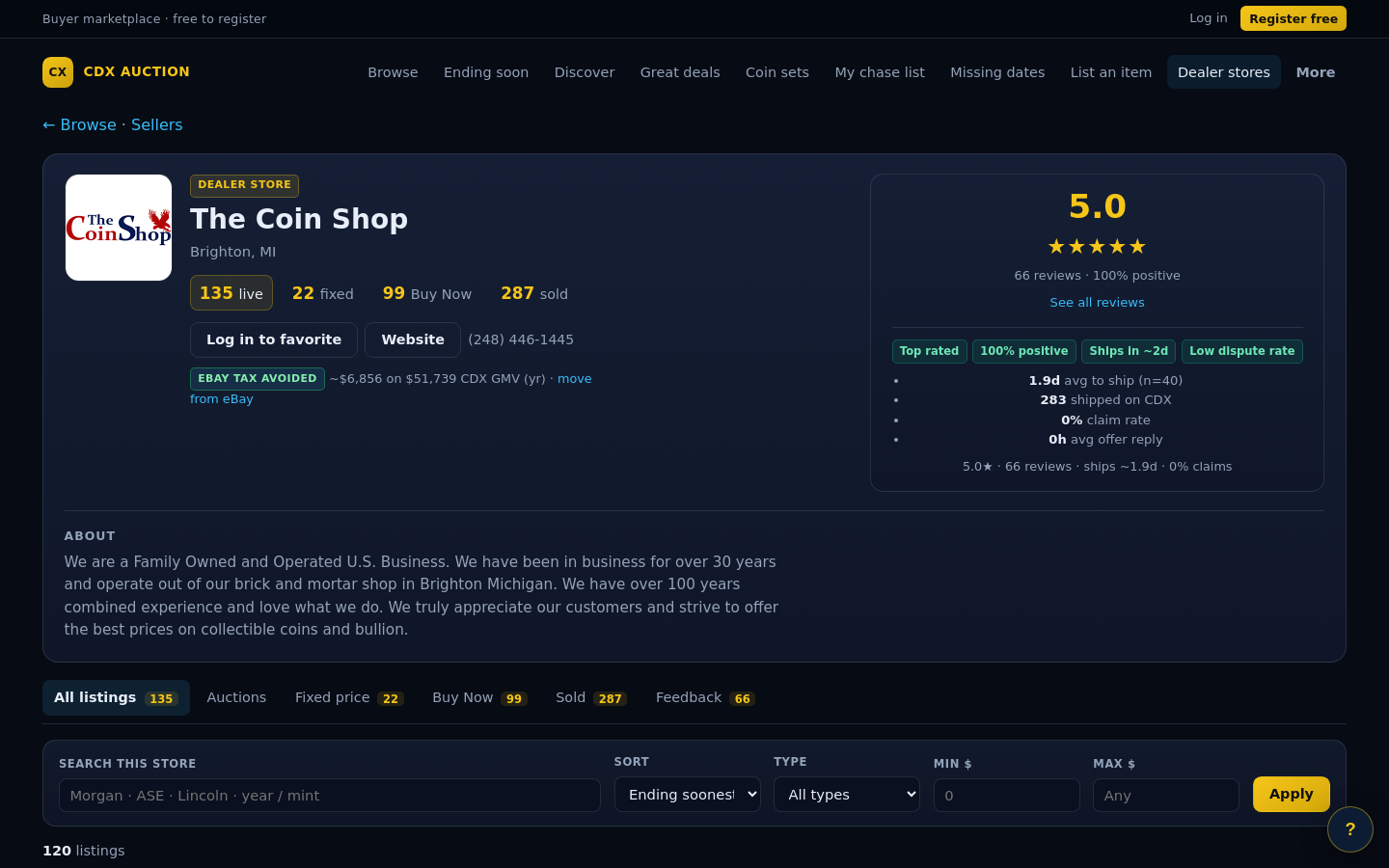 Seller storefront on CDX Auction