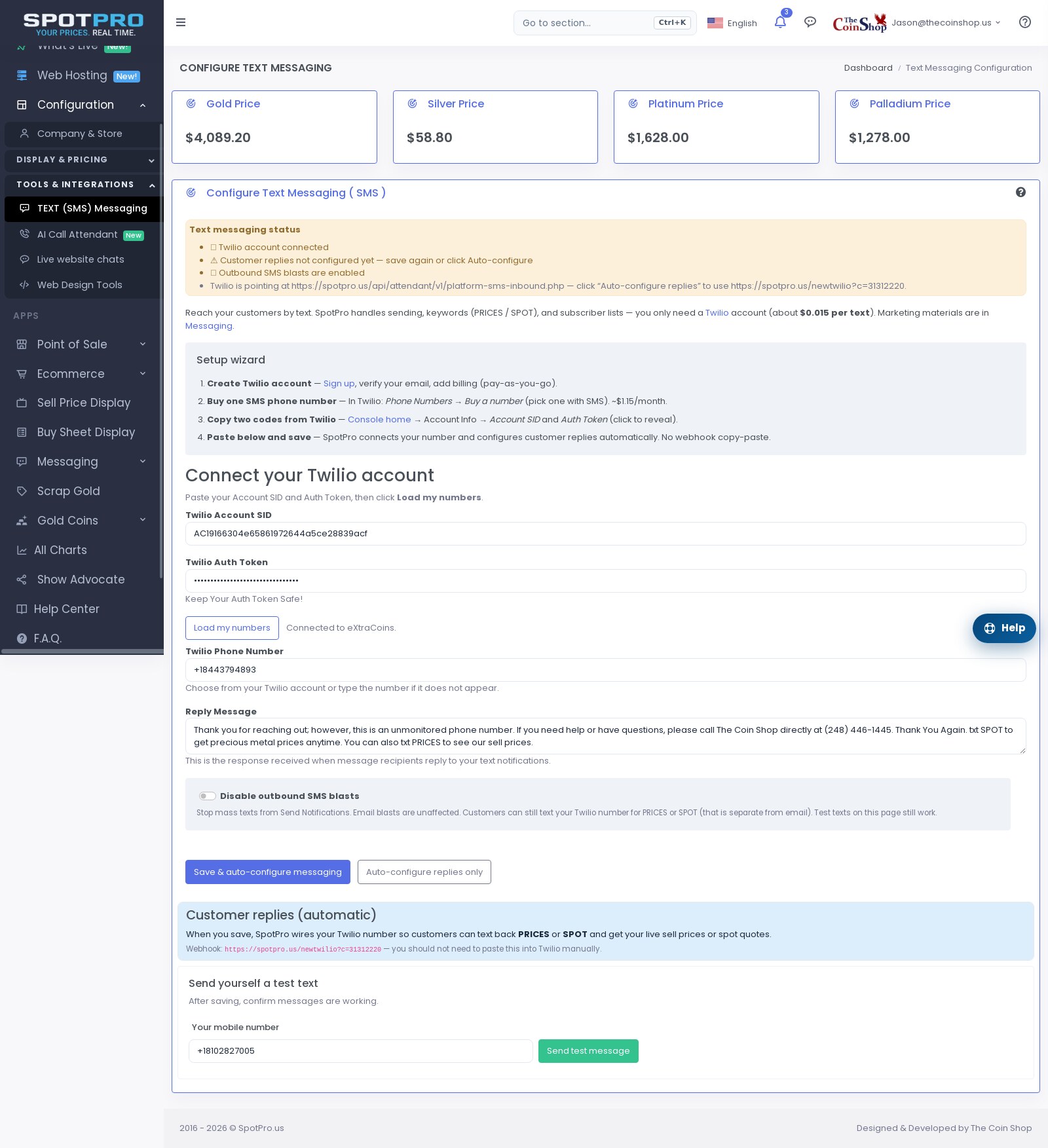 SMS config