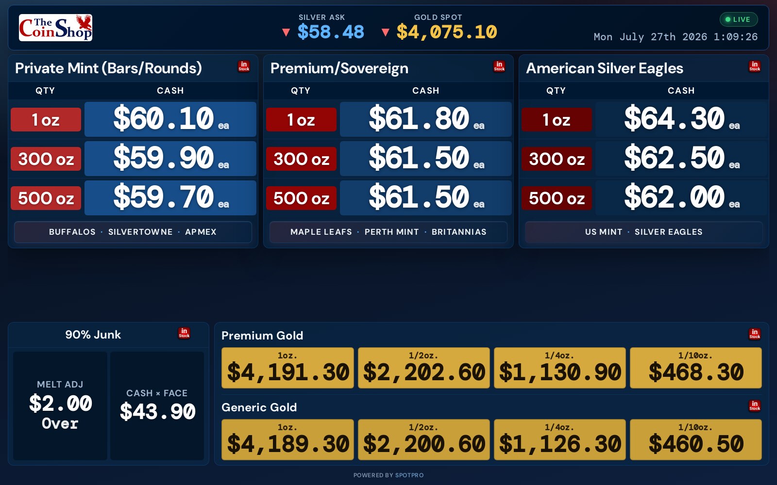 Shop TV sell prices — new board layout