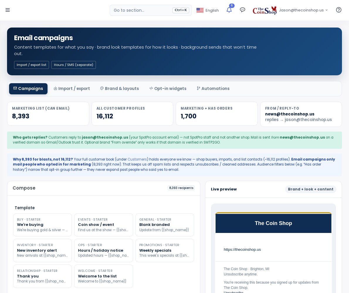 Email campaigns compose hub