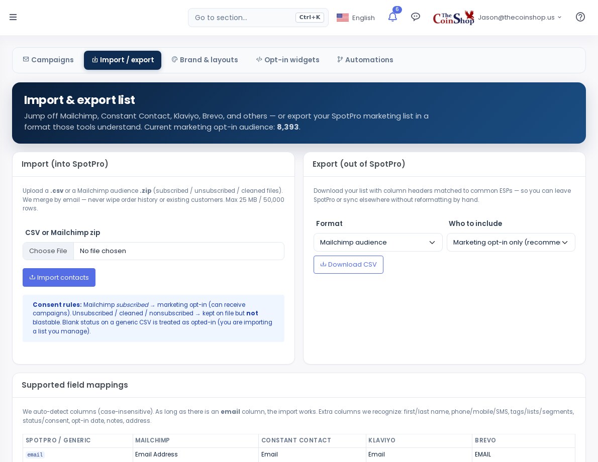 Import and export email list