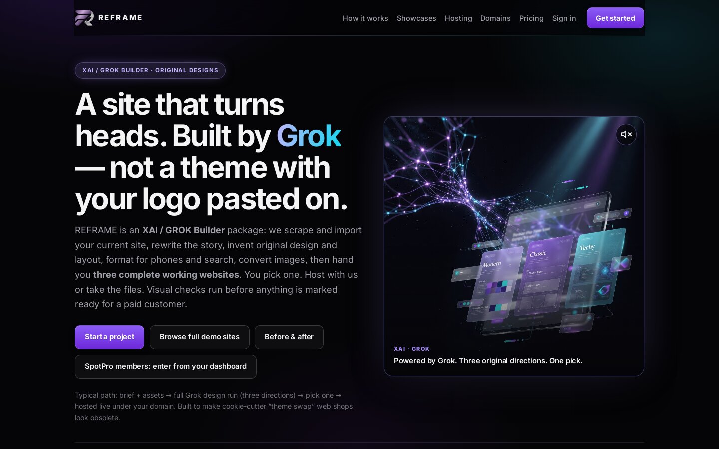 REFRAME homepage — Grok-built websites