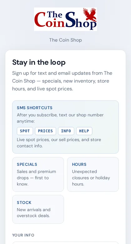 Customer notification signup with SMS keyword shortcuts