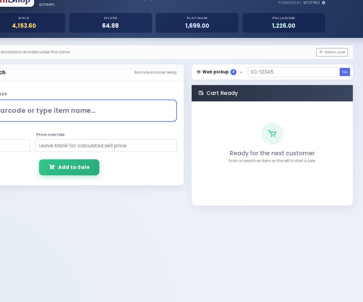 Web pickup bar — badge shows orders waiting.