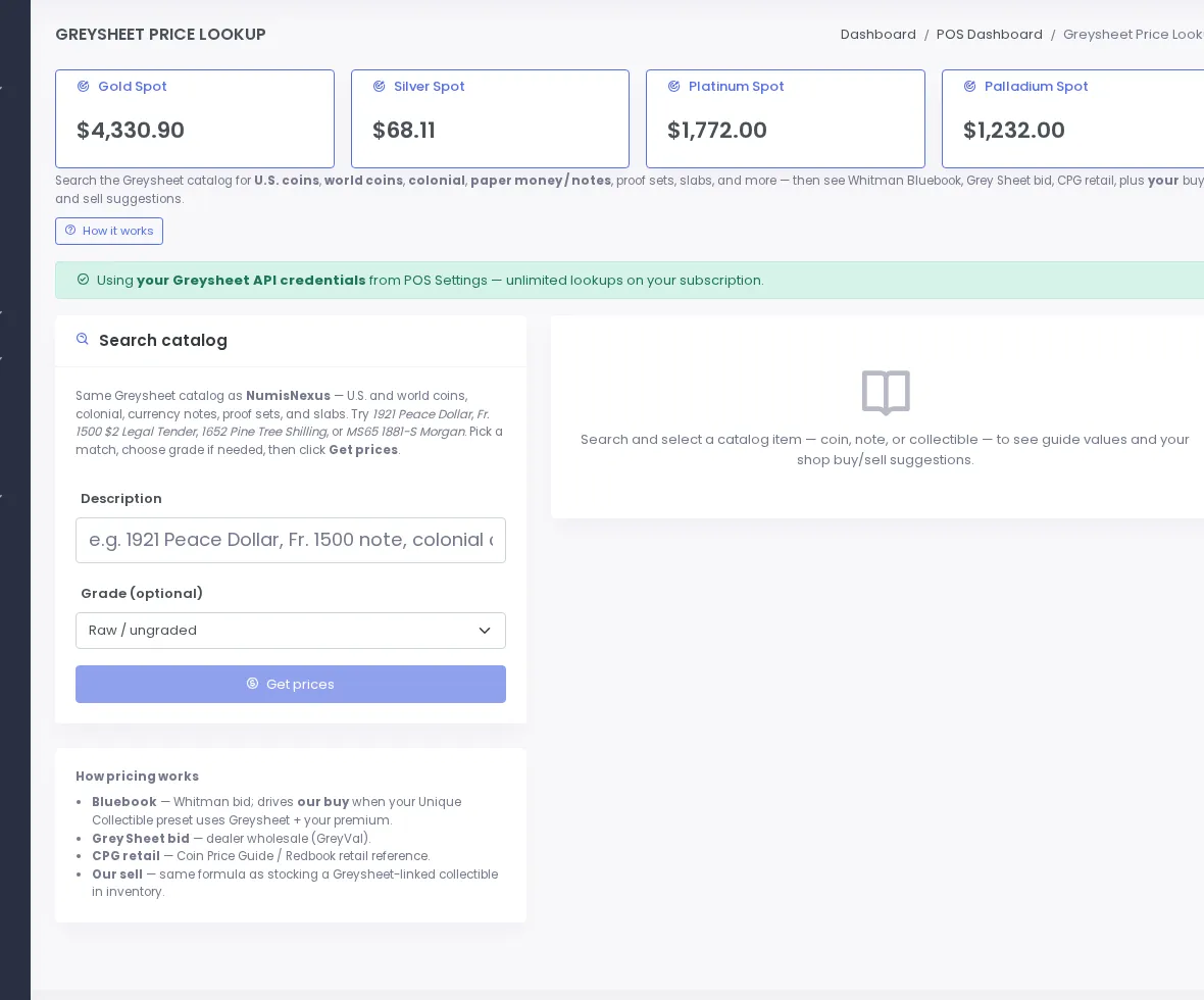 Greysheet Coin Price Lookup in SpotPro