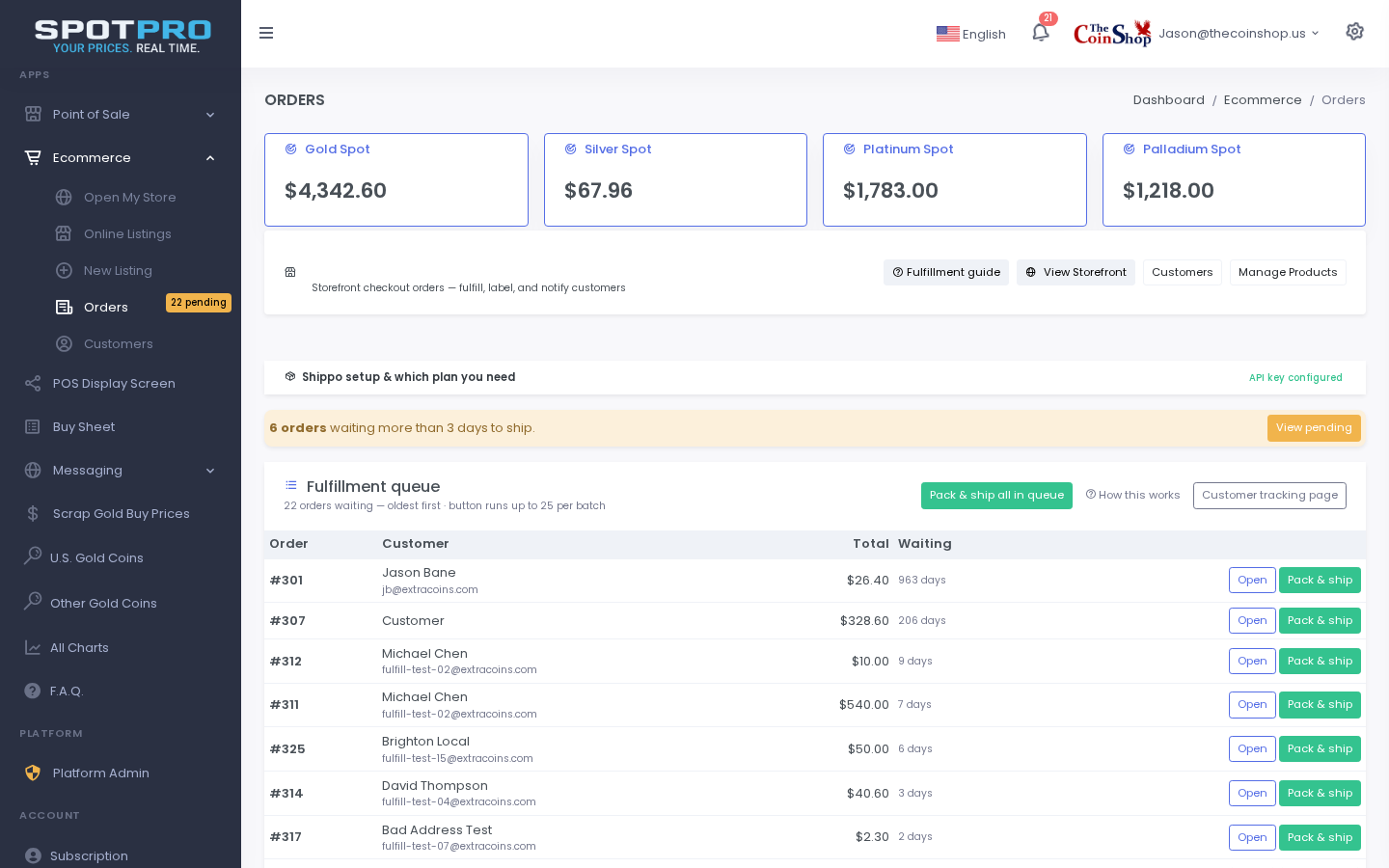 Web orders queue with shipping actions.