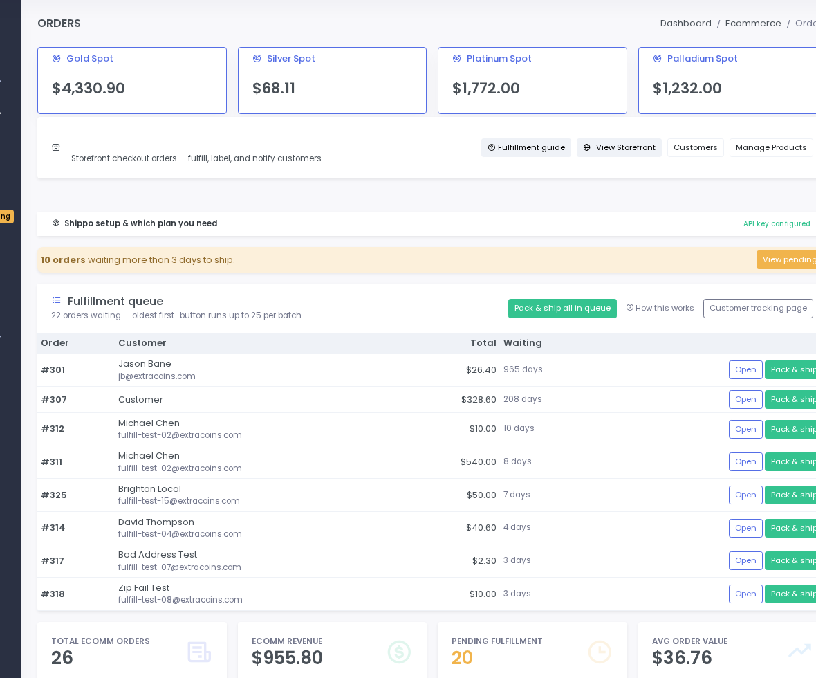 Orders — ship, pickup, and awaiting-payment rows.