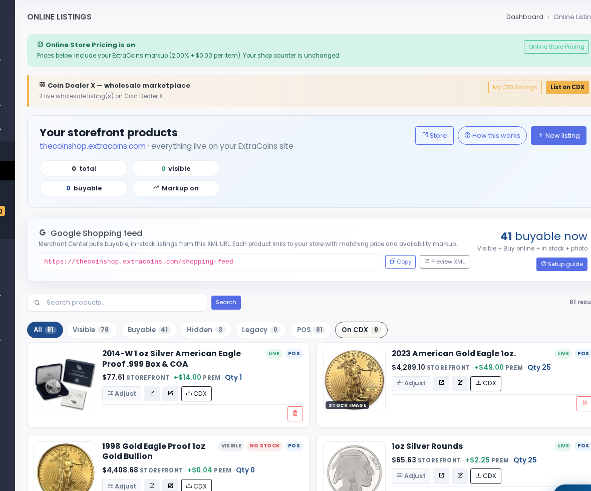 Online Listings — filter and manage in-store only pieces.