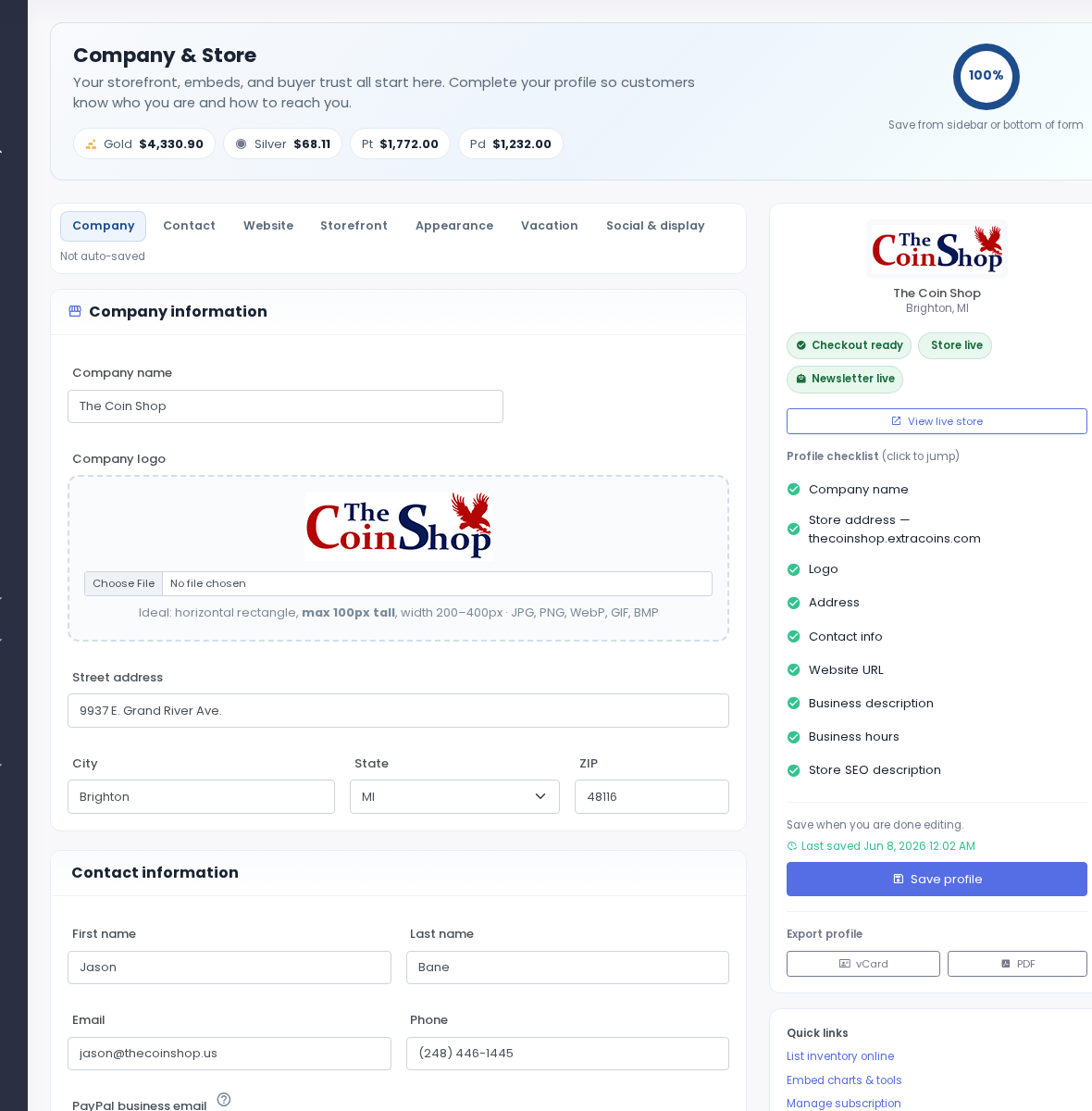 Pickup, Zelle, same-day wire, and cash toggles in Company Profile.