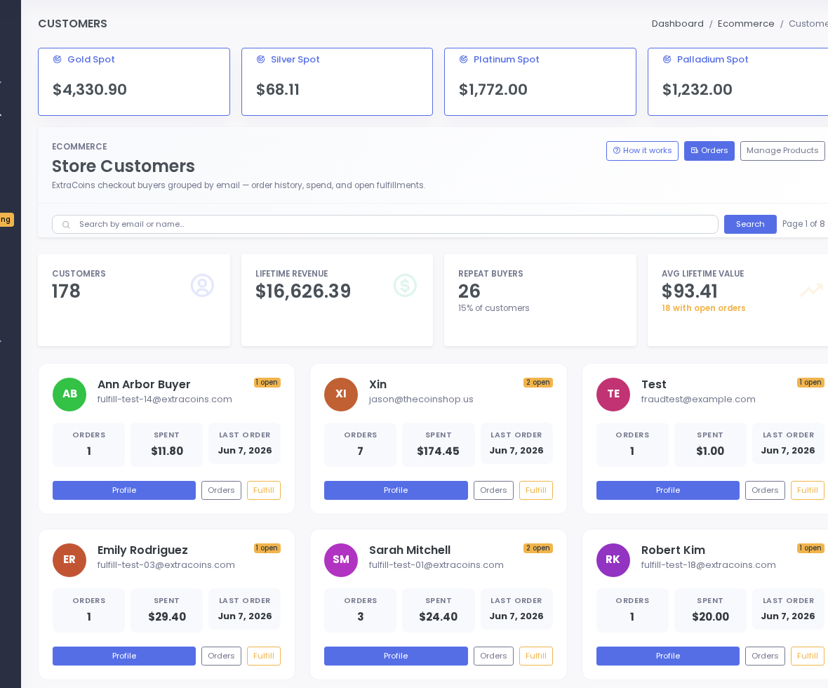 Customer profiles with multi-channel order history.