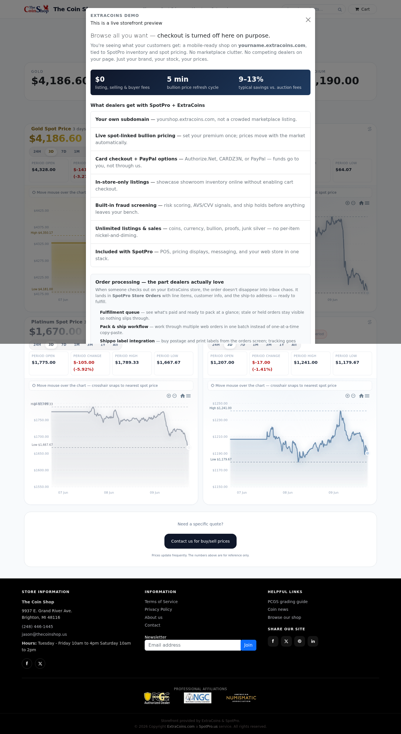 Spot Prices page with live quotes and interactive charts for all four metals.