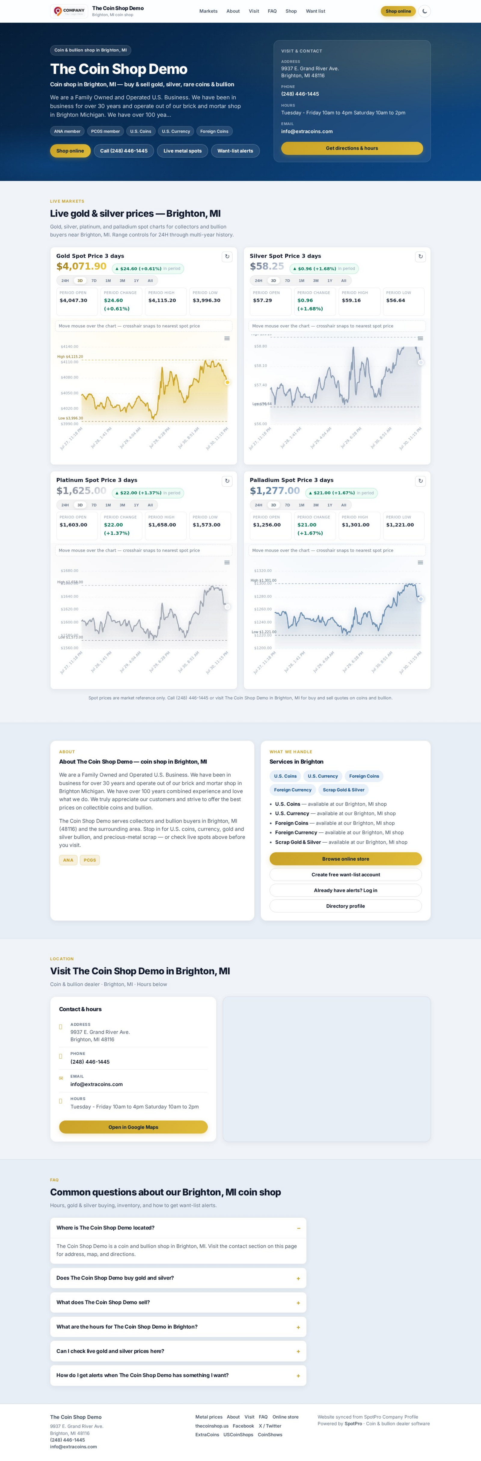 Full dealer splash with markets, about, visit, FAQ.