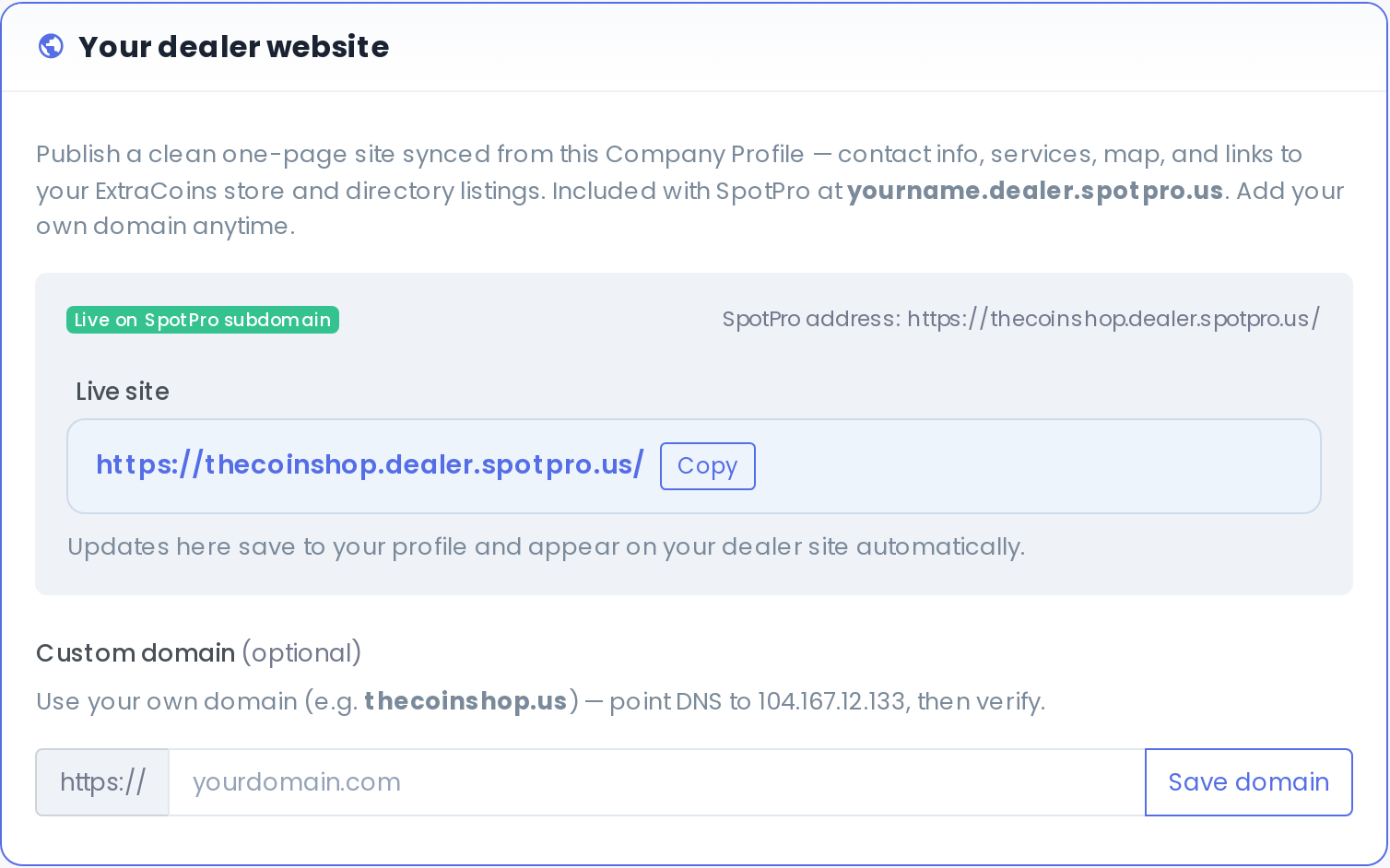 Dealer site section in Company Profile — live URL and optional custom domain.