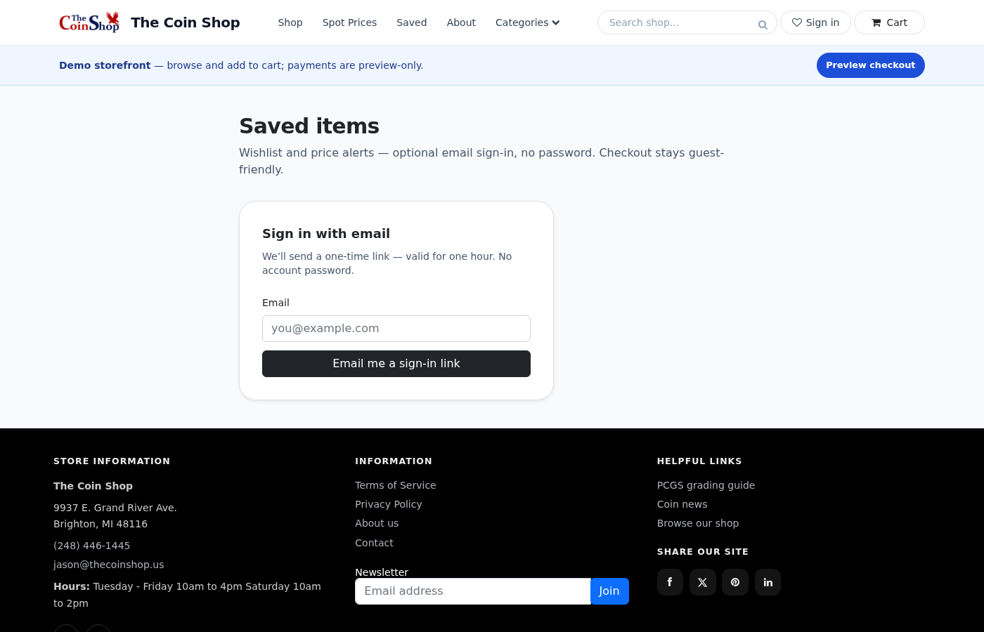 Saved items page — magic-link sign-in, no password.