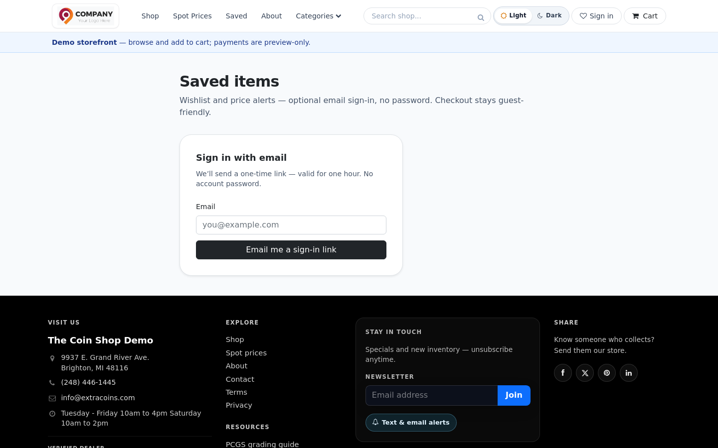 Saved items page — magic-link sign-in, no password.