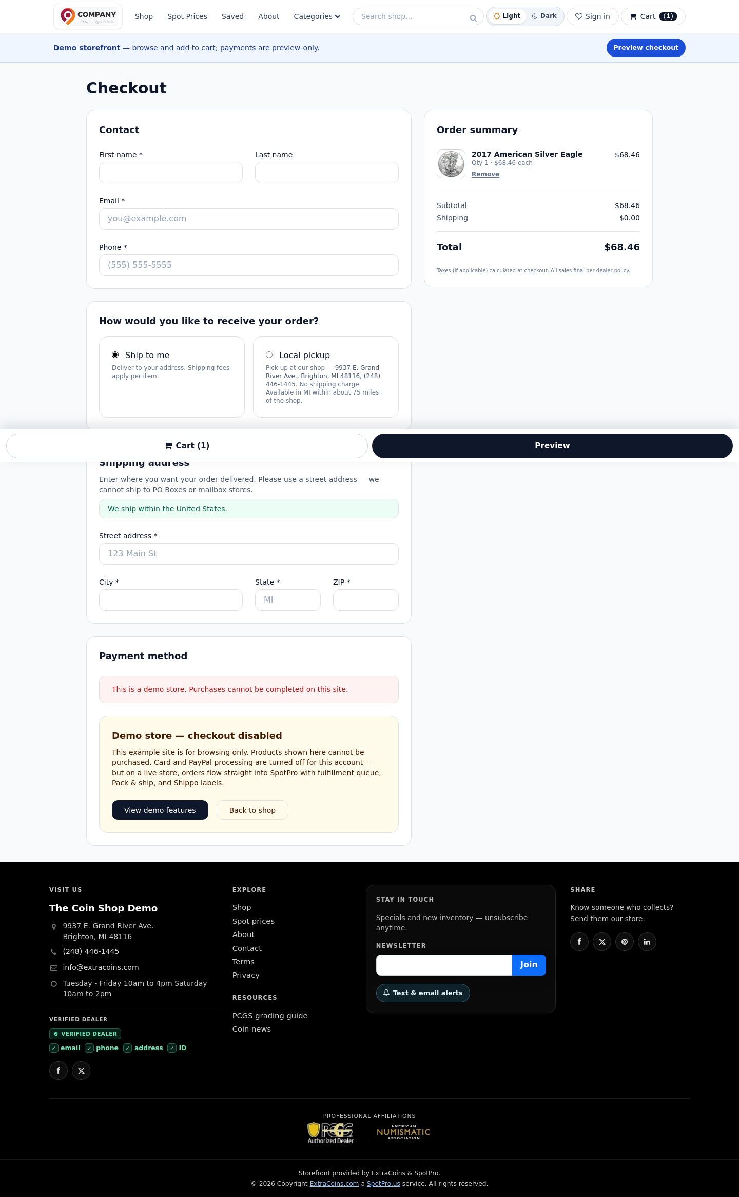 Checkout — customers choose ship or pickup and how they want to pay.
