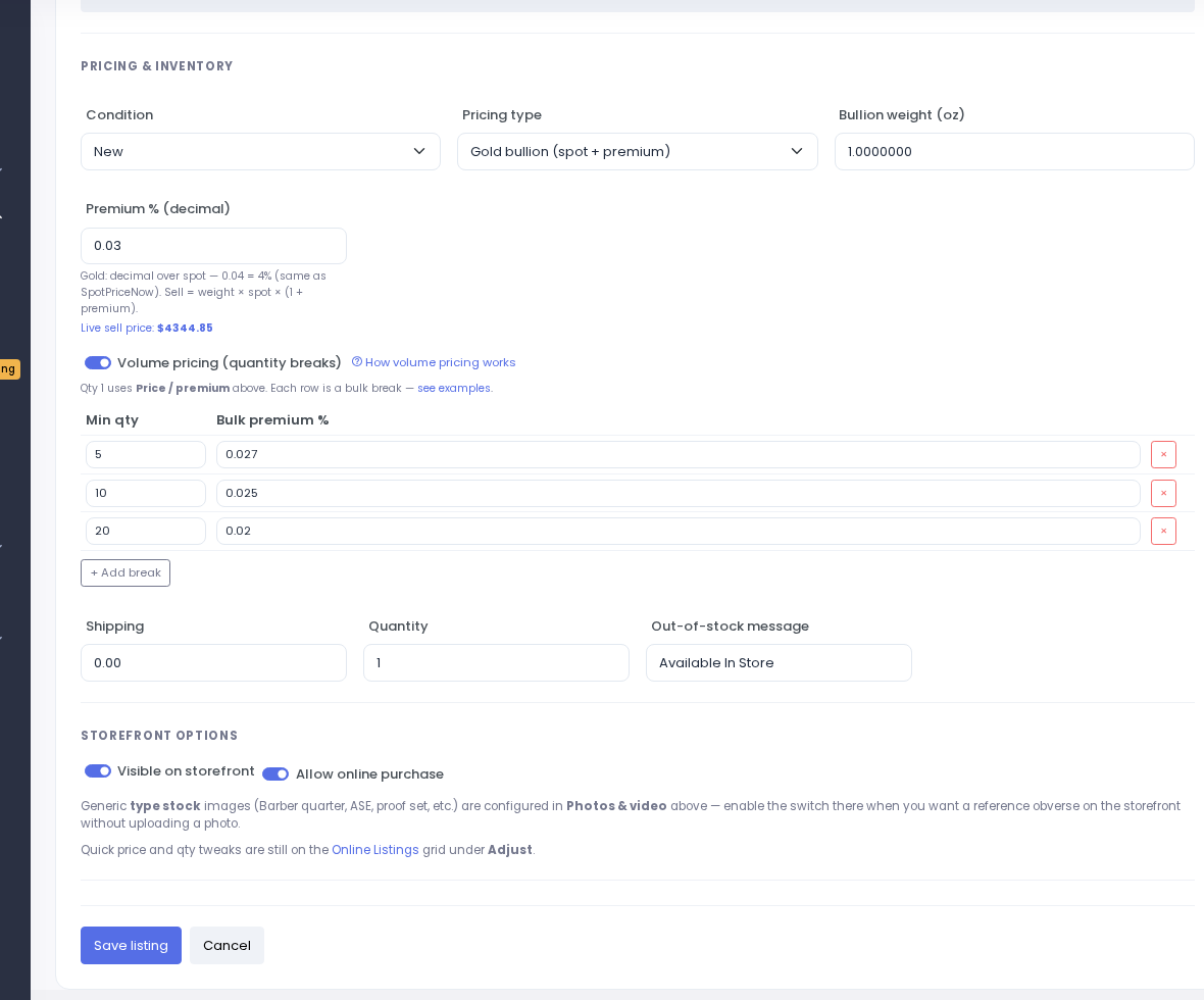 Volume pricing toggle and bulk rows on listing edit.