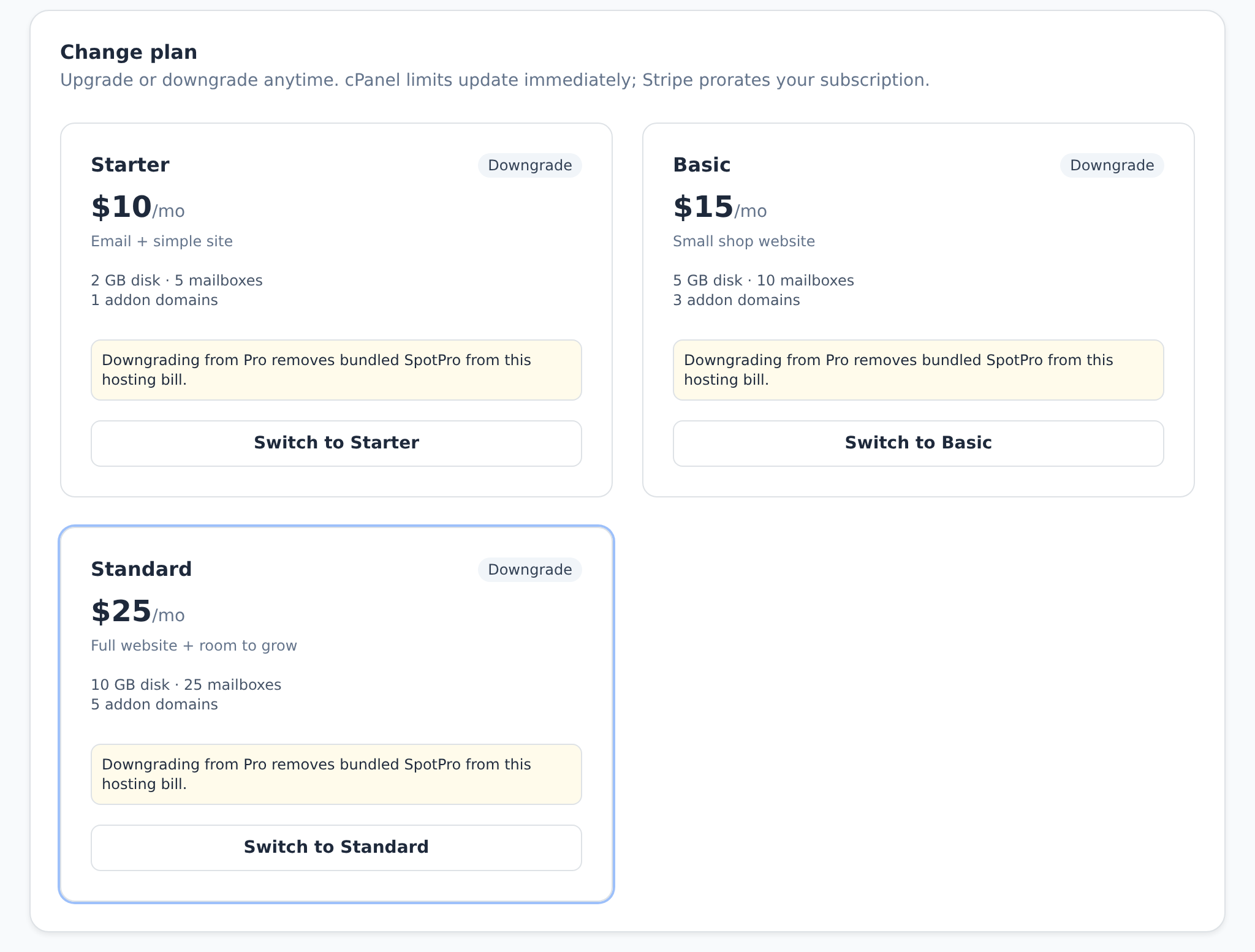 Change plan in the CoinWebHosting portal.