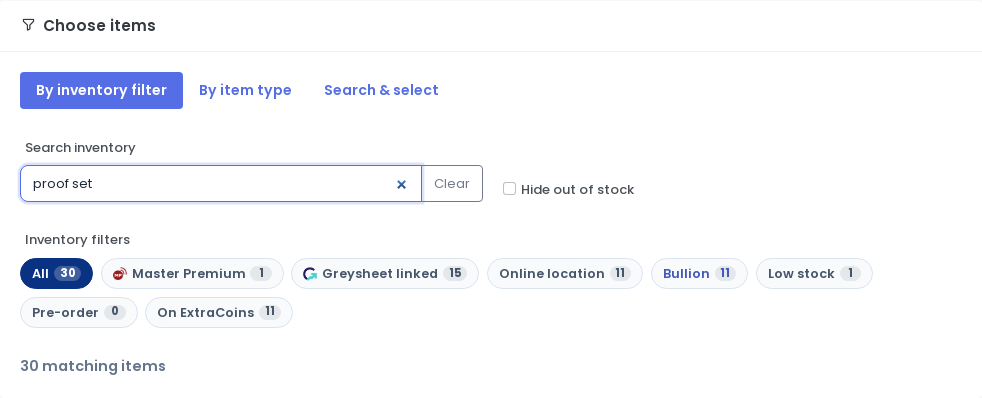 Bullion filter chip active with live search — the match count updates without Apply.