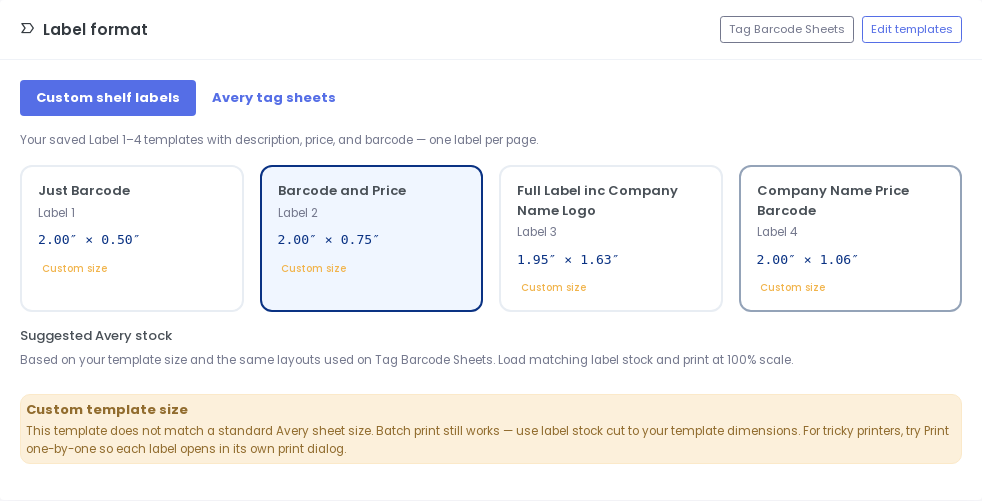 Custom shelf labels — template cards and suggested Avery stock.
