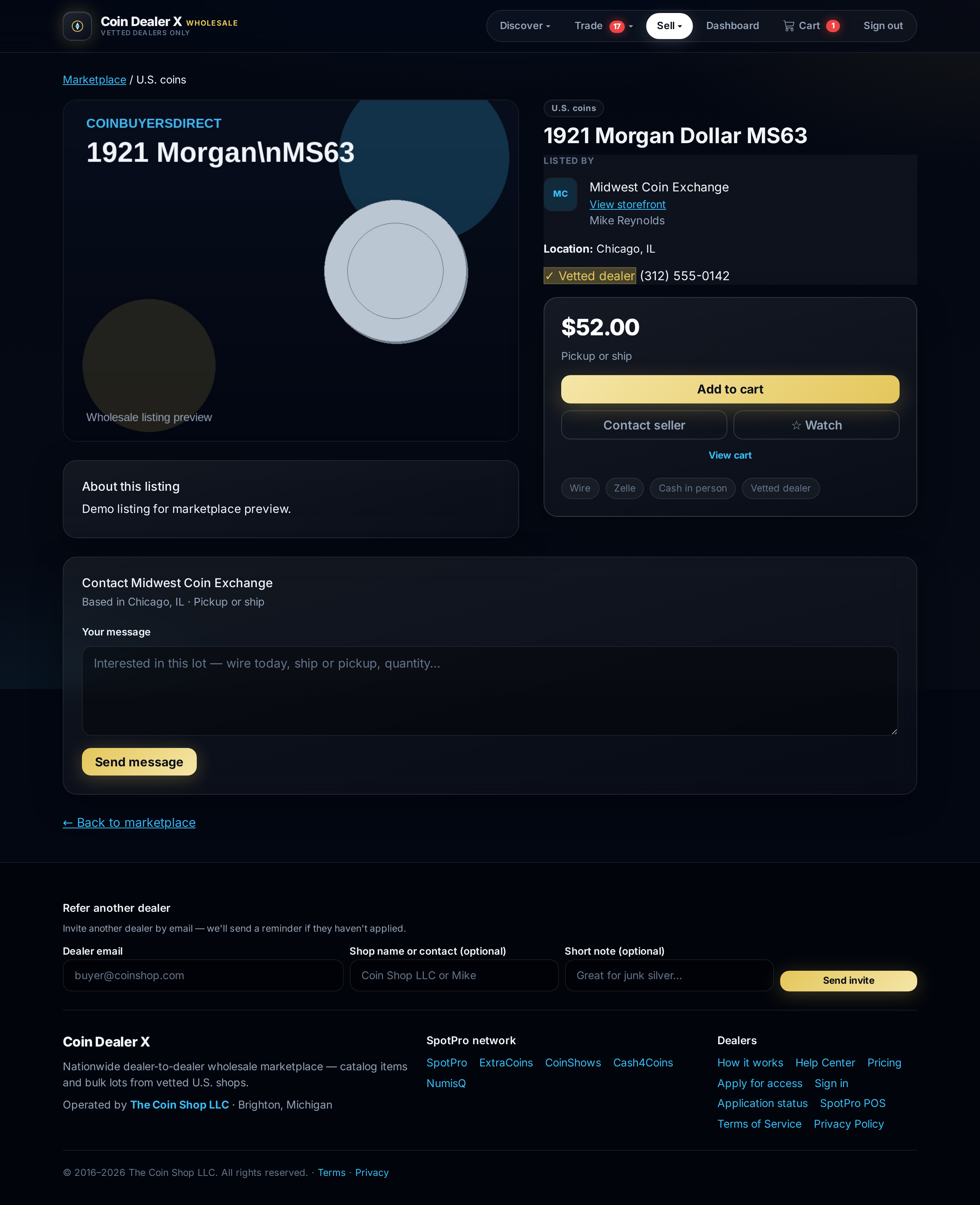 Listing detail — price, qty, and dealer info.
