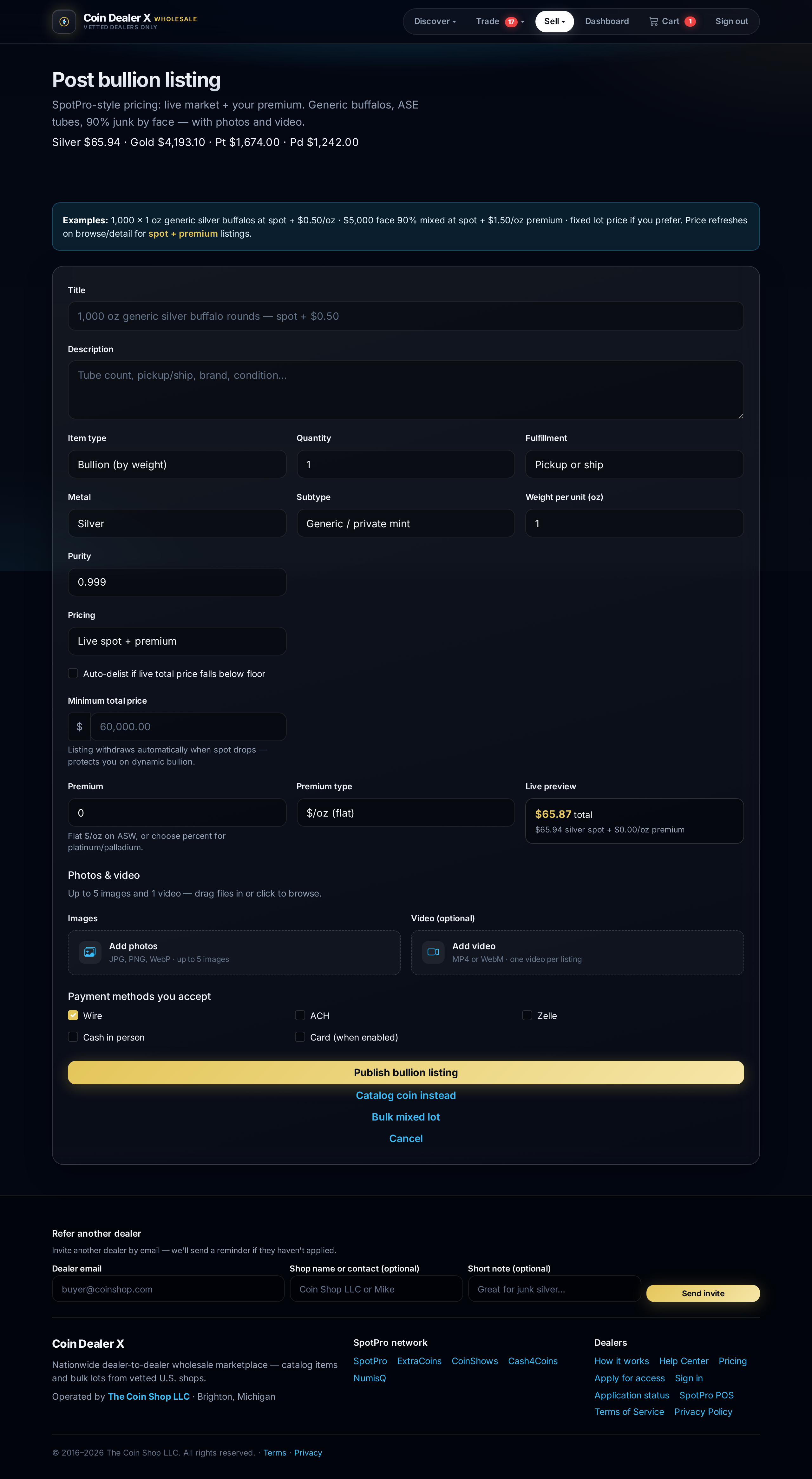 Delist floor on CDX bullion form.