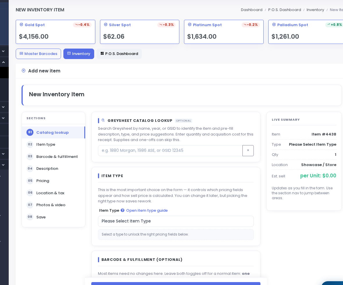 New Inventory Item — pro form with Greysheet lookup, section nav, and live summary.