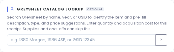 Catalog search — pick a match, then adjust pricing and photos.