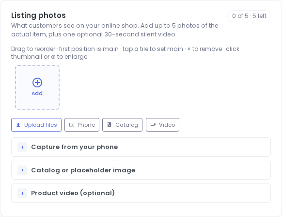 Media panel — drag photos, reorder, and mask storefront images.