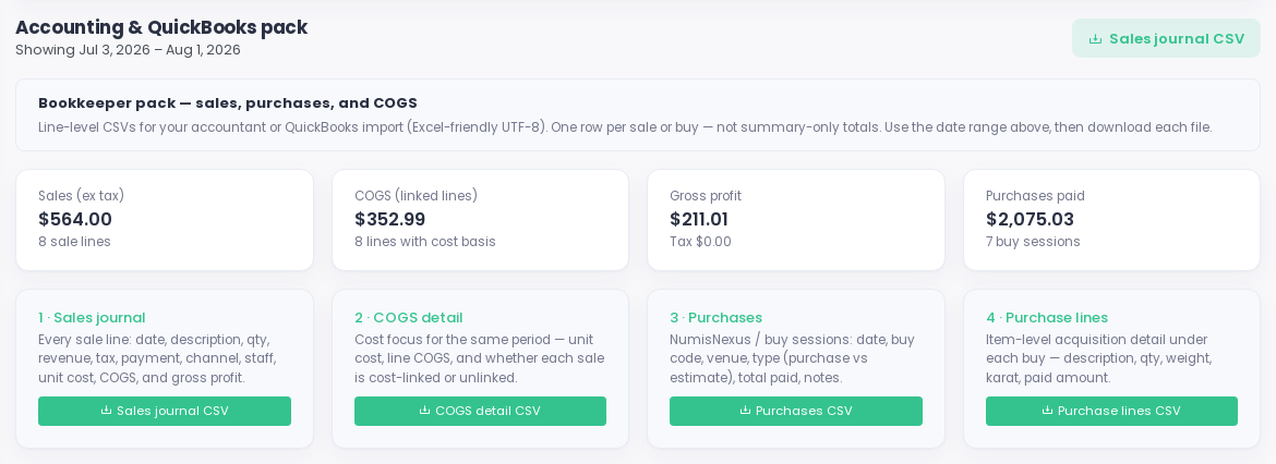 Accounting & QuickBooks pack — sales journal, COGS, purchases CSVs (Last 30 days).