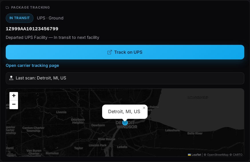 Package tracking panel with Track on UPS.