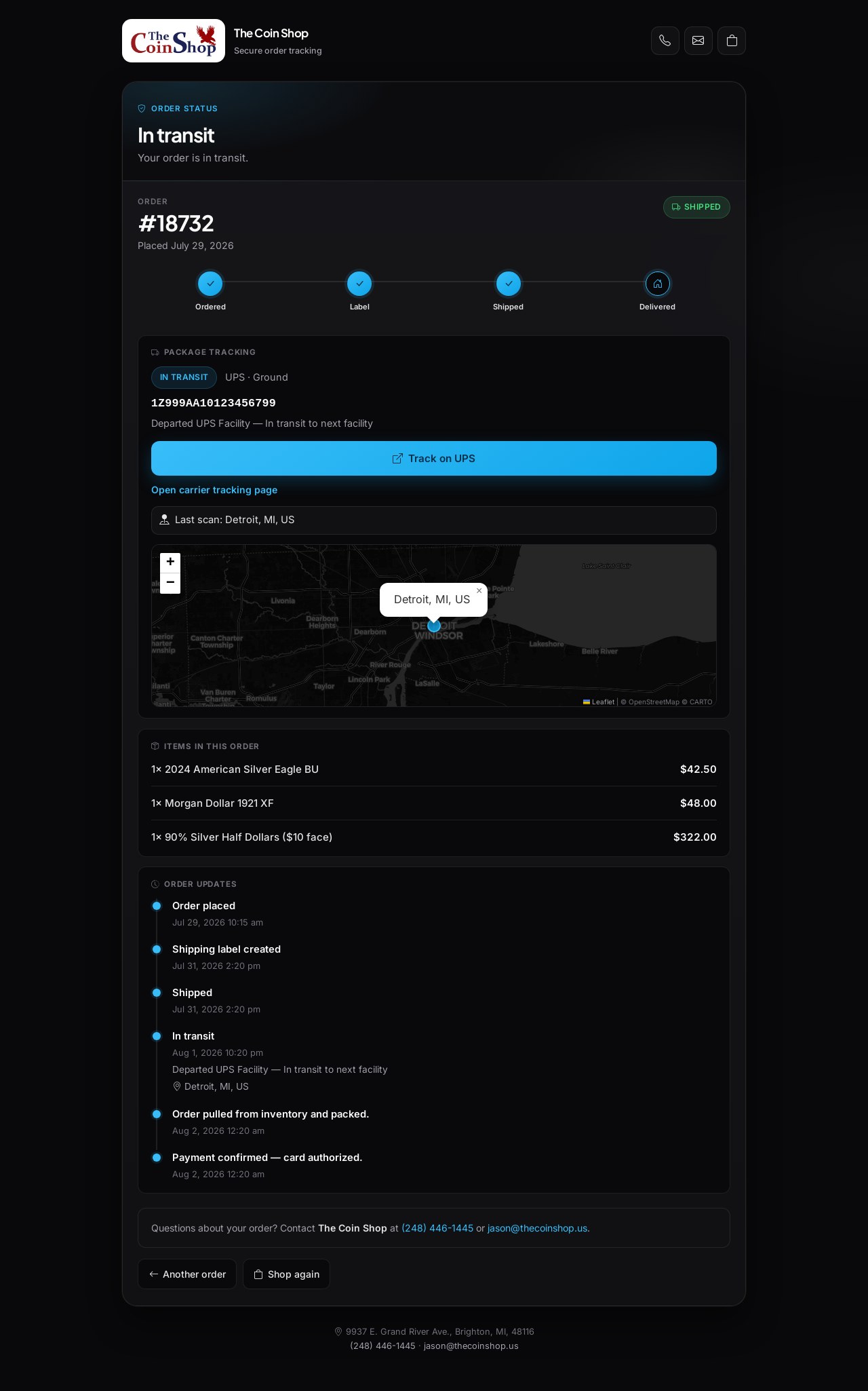 Public tracking page — status, carrier button, map.