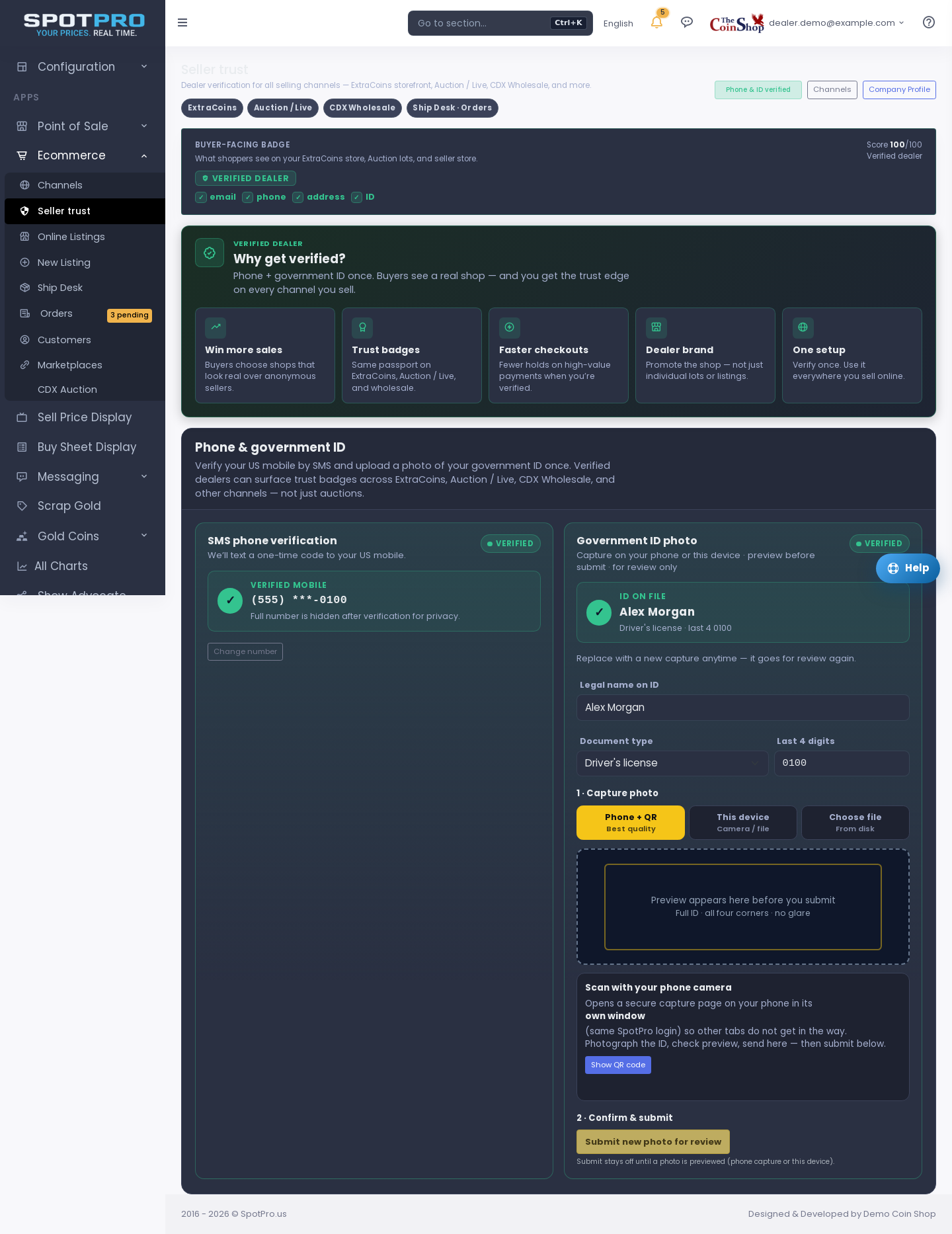 Seller trust (dark mode) — soft success greens match the members dashboard.