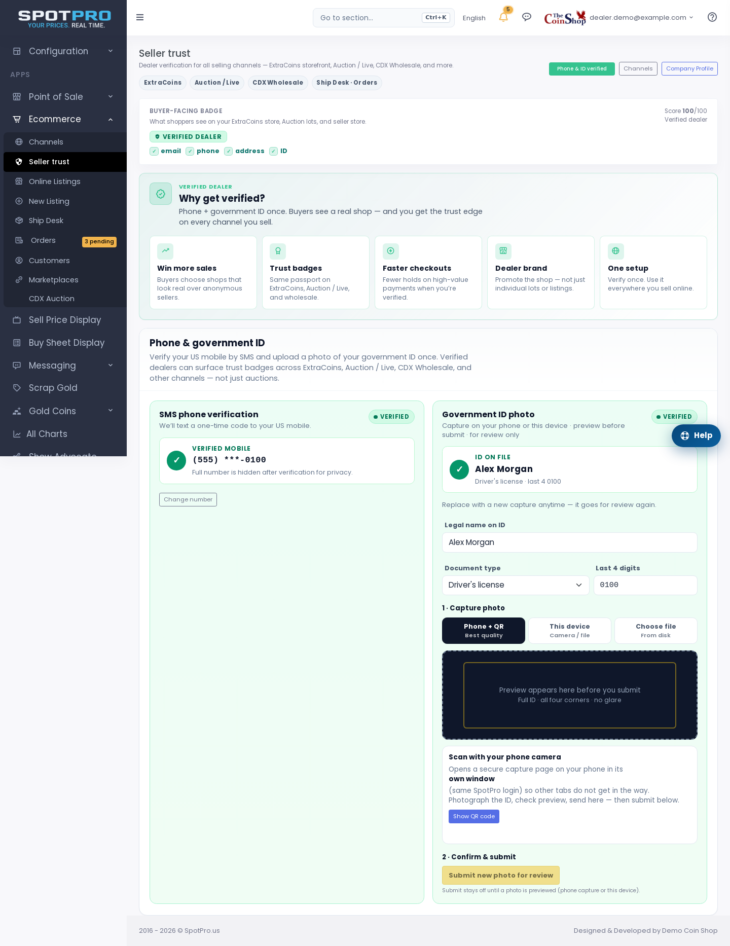 Ecommerce → Seller trust — phone SMS + government ID with buyer-facing badge preview.