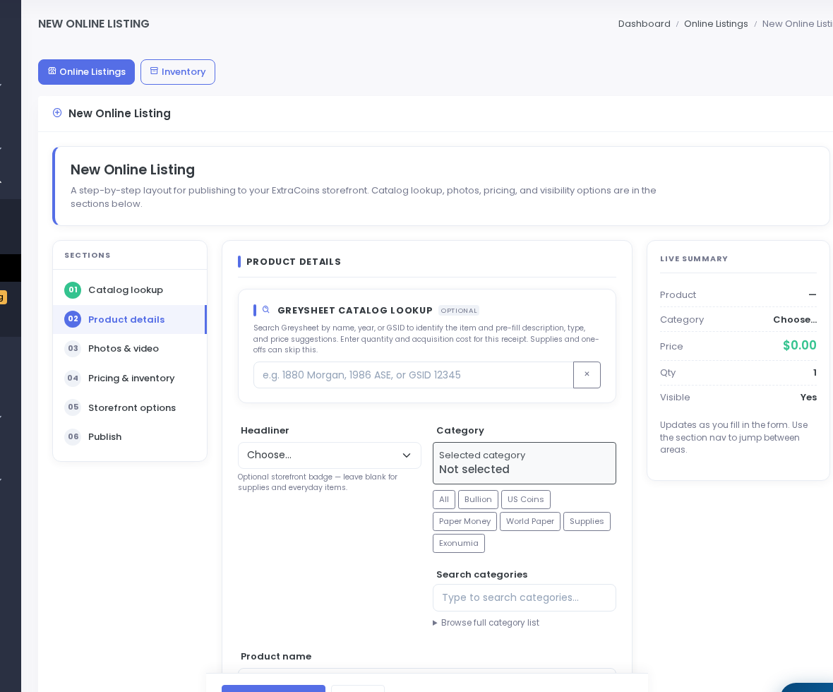New Listing form — catalog lookup, product details, and live summary.