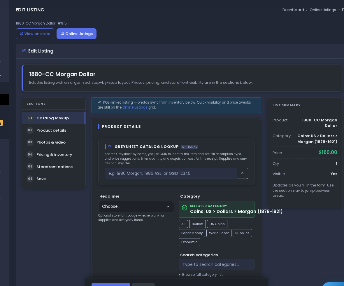 Edit Listing in dark mode.