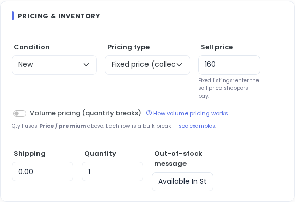 Pricing & inventory section on Edit Listing.
