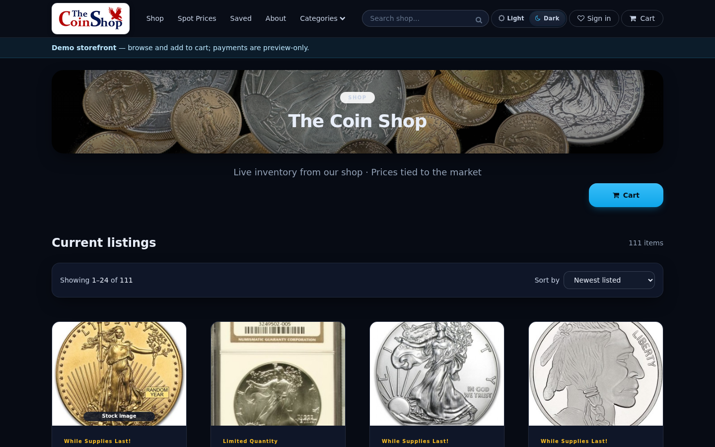 ExtraCoins storefront in dark mode with Light | Dark switcher in the header.
