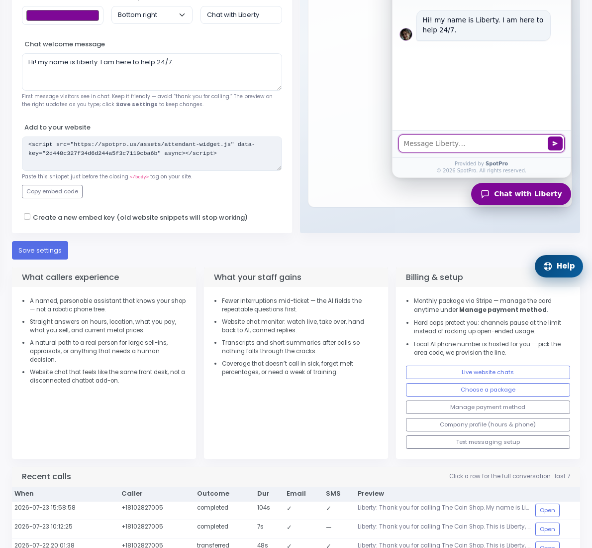 AI chat embed code and Chat with Liberty preview