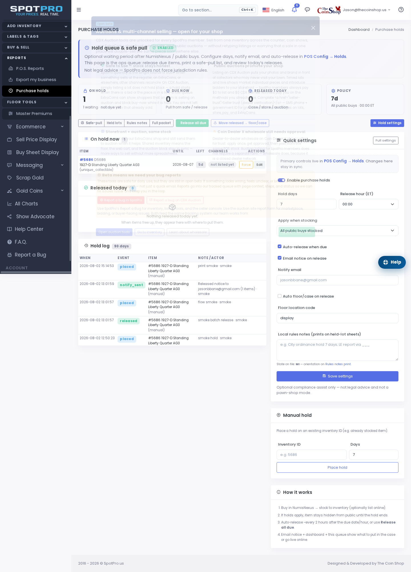 Purchase holds queue — KPIs, safe-pull toolbar, on-hold list, and release log.
