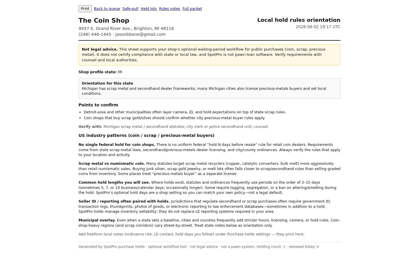 Rules notes print — industry + state orientation.