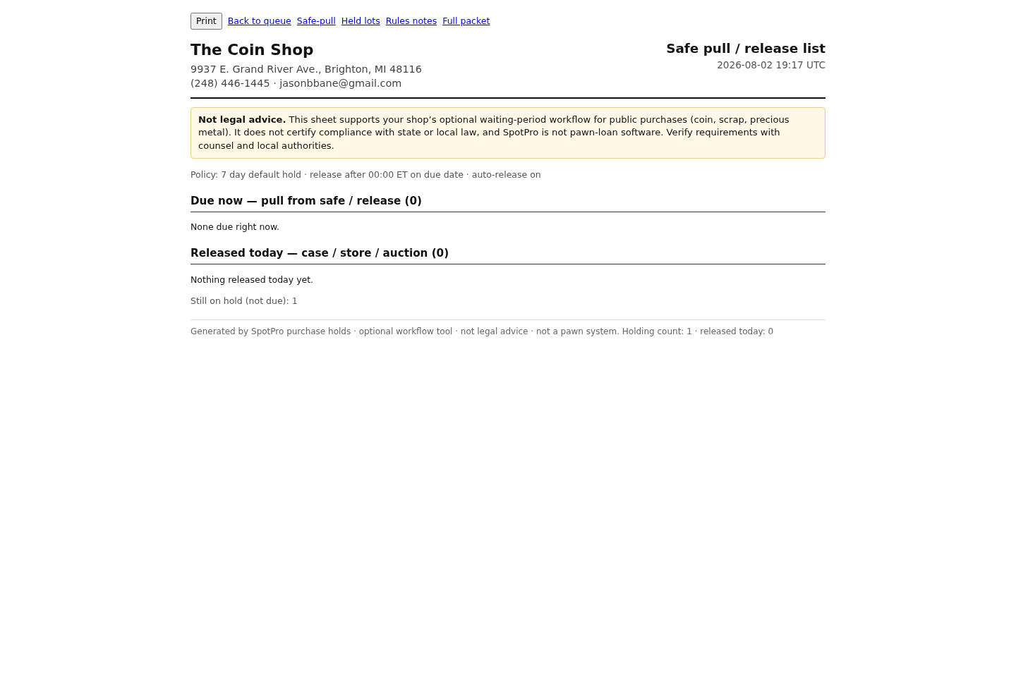 Safe-pull / release checklist print.