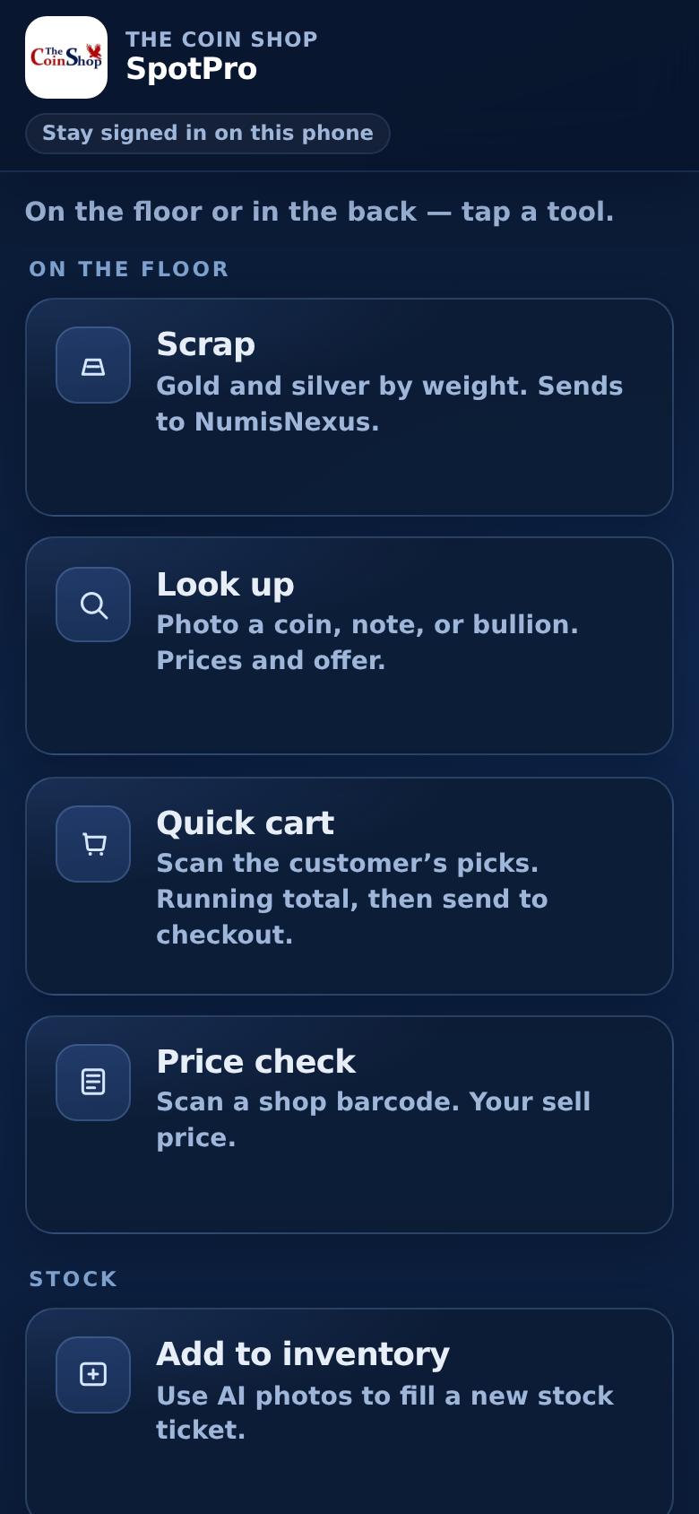Look up and Add to inventory on the members phone home.