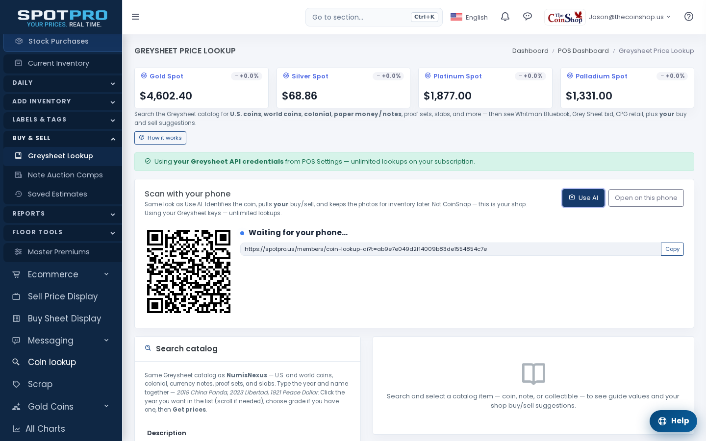 Use AI on Coin lookup — QR for the phone, prices on the right.