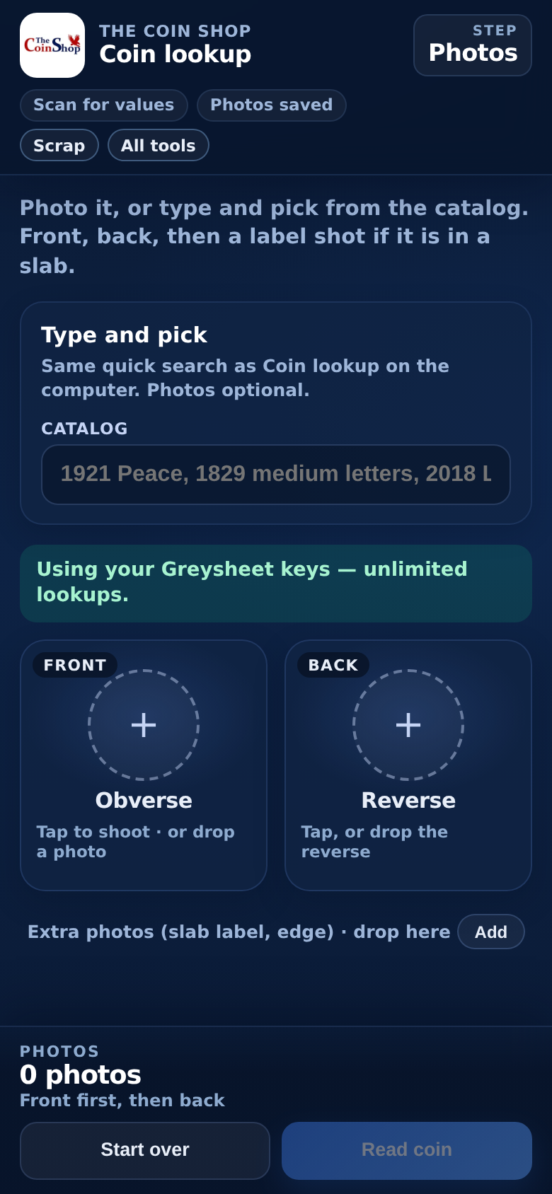 Phone Coin lookup — photograph front and back, or type and pick from the catalog.
