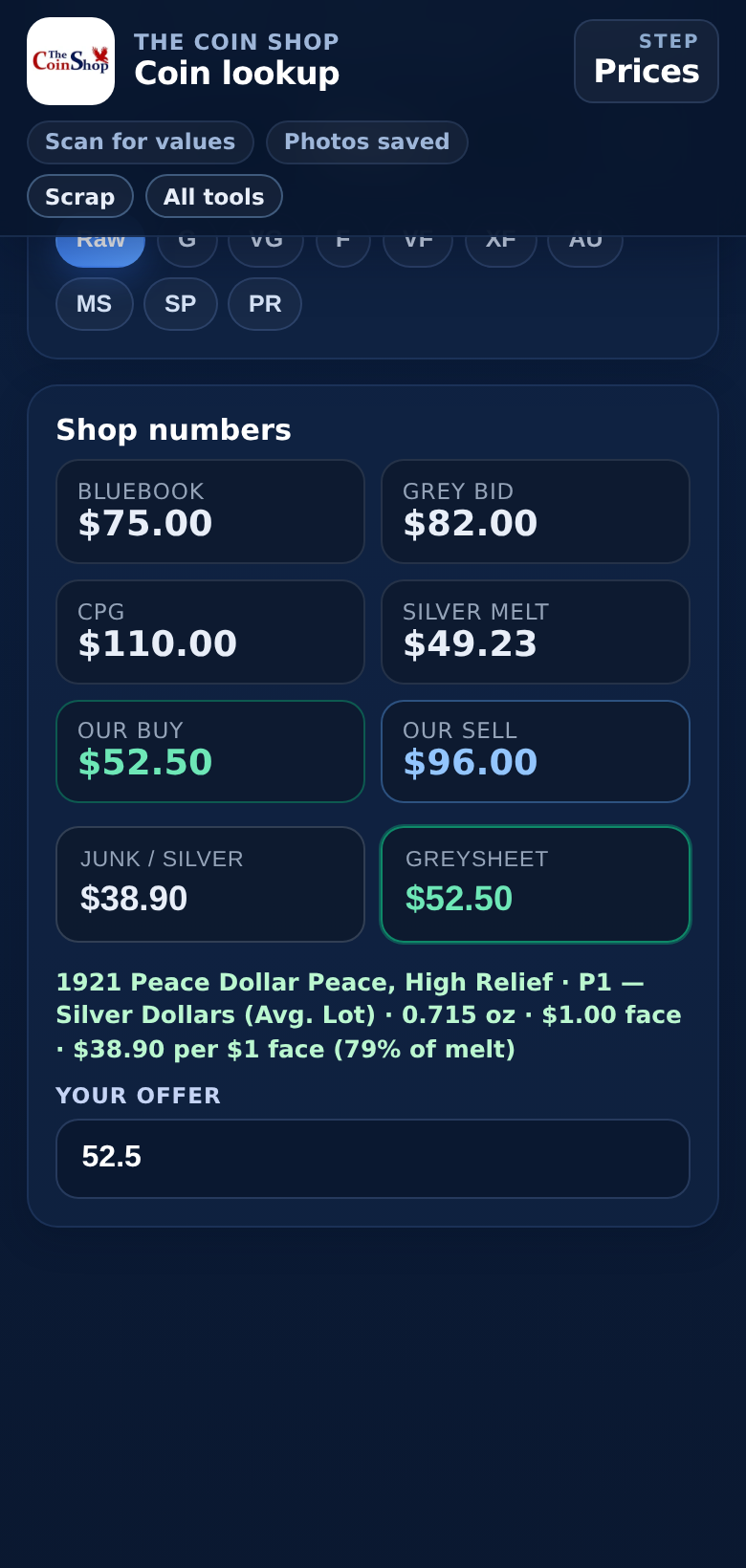 Our buy / Our sell with Greysheet layers and shop premiums.