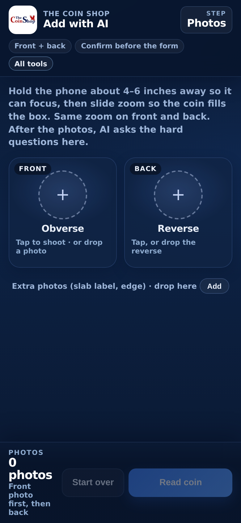 Phone add-to-inventory camera — same vision as lookup, job is stocking.