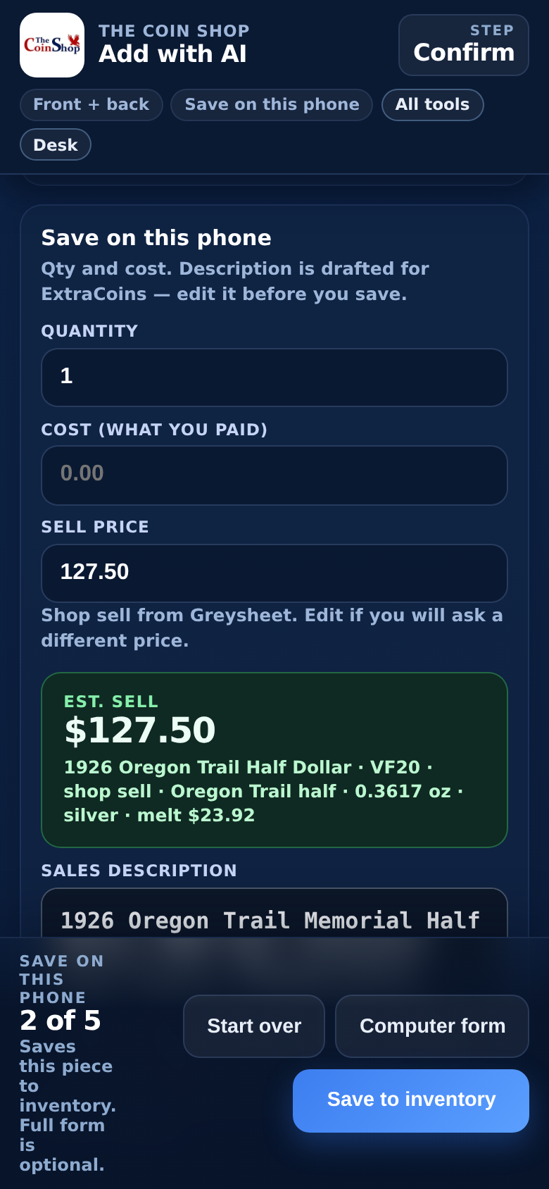 Add to inventory in the app — check the ID, then tap Add to inventory.