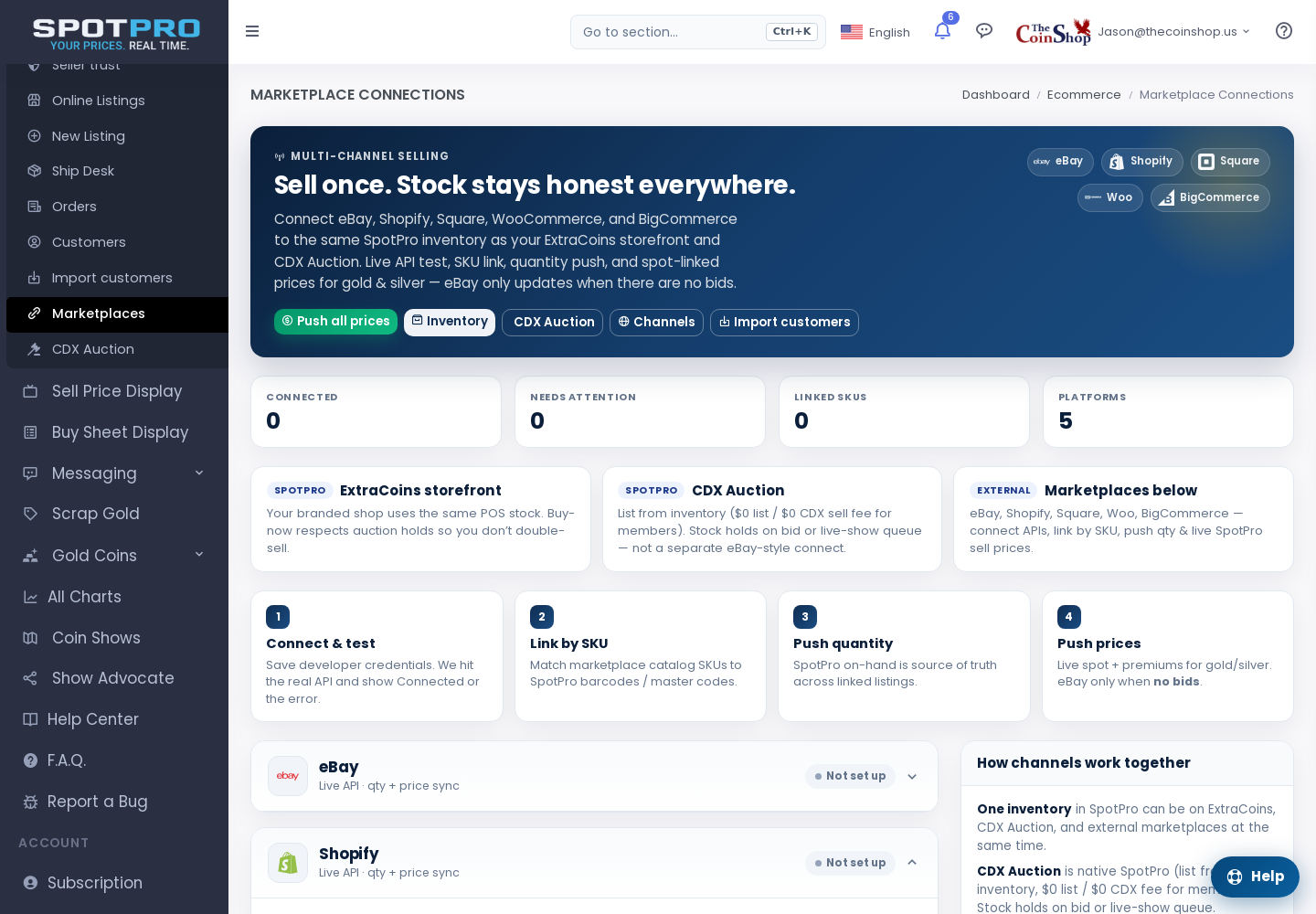 Marketplace Connections — eBay, Shopify, Square, WooCommerce, BigCommerce with live API, SKU link, qty/price sync, and order import.